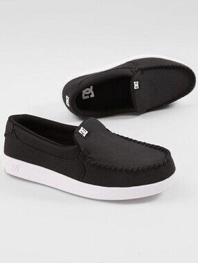 DC Men's Black Canvas Slip-On Loafers with White Sole